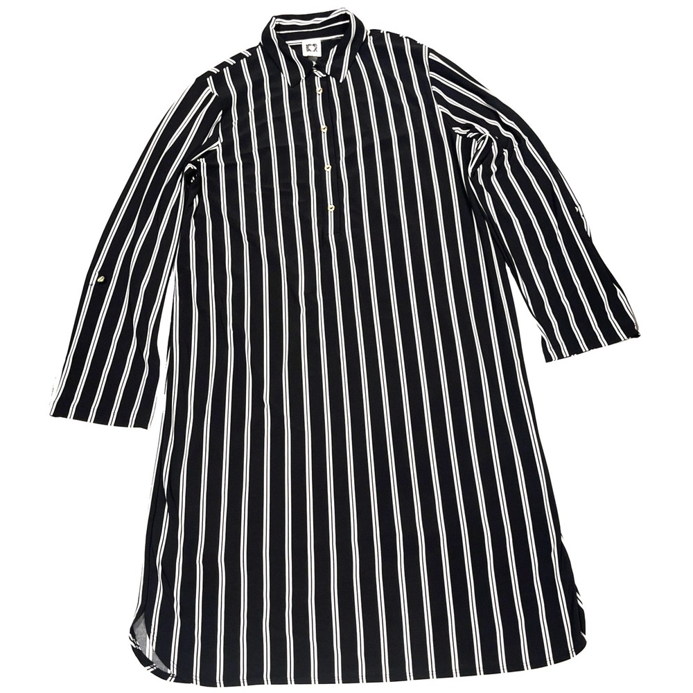 Anne Klein Womens Black White Striped Roll Tab Sleeve Button Front Shirt Dress